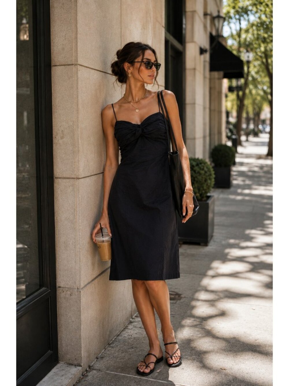 Club Monaco Black Ruched Bust Cotton Midi Slip Dress Size 4 Spaghetti Strap